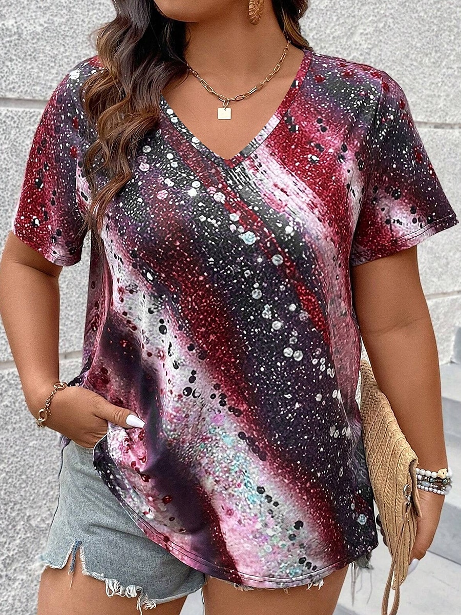 t-shirt femme décontracté imprimé manches courtes hauts réguliers col en V quotidien rouge bleu violet vert printemps automne de 2025 ? $19.99 –P1