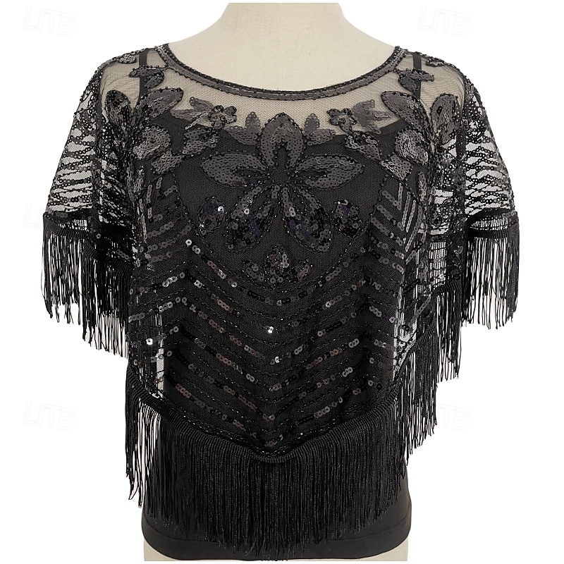 Vintage-Glamour-Schal – atmungsaktiv, mit Pailletten verziert, mit Quasten besetzt, eleganter Flapper-Stil mit passendem Mantel für Damen-Abendgarderobe – dünn, kurz, Kittel-Design, perfekt für 2025 - $28.99 –P6