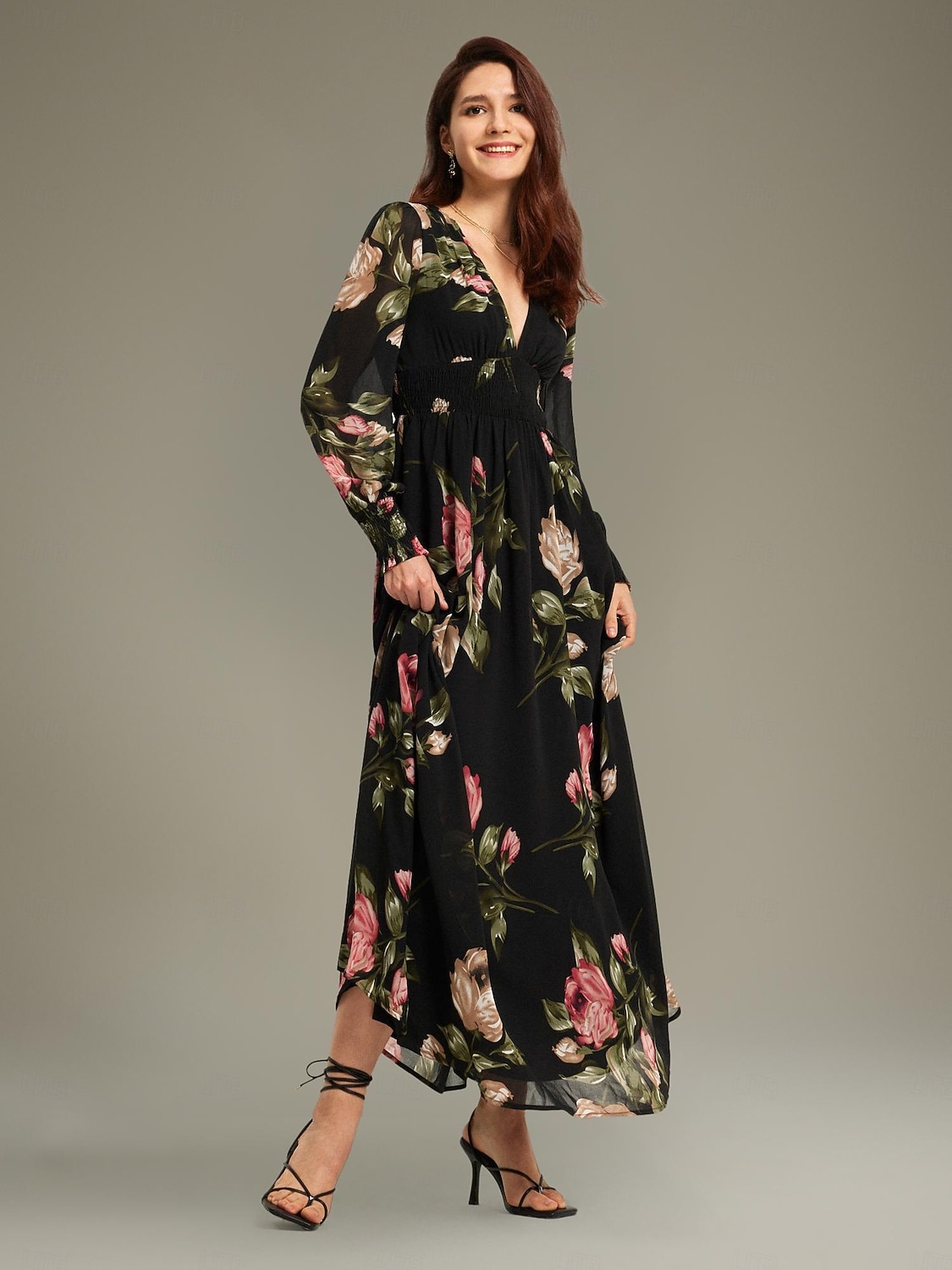 Abito per invitati in chiffon con volant floreale e maxi scollo a V. Abito per invitati del 2025 a $86.99 –P5
