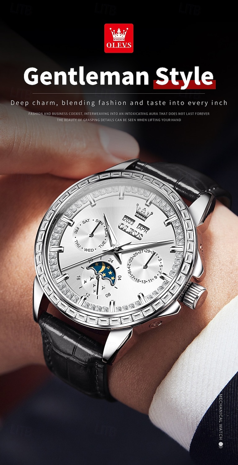 OLEVS Men Mechanical Watch Fashion Business Wristwatch Automatic Self-winding Moon phase Luminous Perpetual Calendar Steel Leather Watch 2025 - $147.99 –P17
