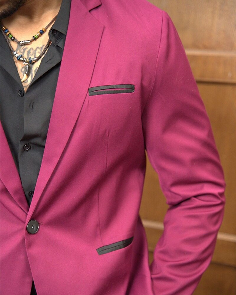 Herr Kavaj Företag Cocktailfest Bröllopsfest Mode Ledigt Vår & Höst 65% bomull Färgblock Knapp Ficka Bekväm Enkelknäppt Blazer Vinröd 2025 - $57.99 –P6
