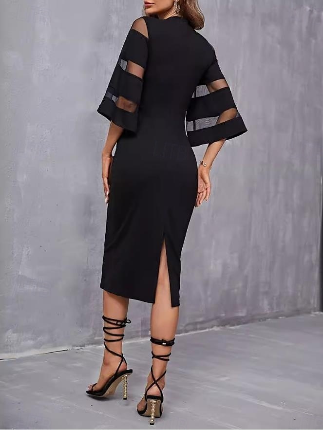 Per donna Vestito nero Vestito longuette Retato Collage Appuntamento Elegante Informale A collo alto Manica a 3/4 Manica svasata Nero Colore del 2025 a $41.99 –P3