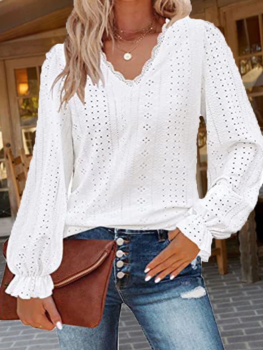 Women's White Elegant Lace Tops Eyelet Blouse Stylish Solid Color Eyelet Puff Sleeve Long Sleeve Regular Tops V Neck Daily Romantic Petite Tops Summer Holiday Wear White Pink Purple Green Spring Fall 2025 - $27.99 –P2