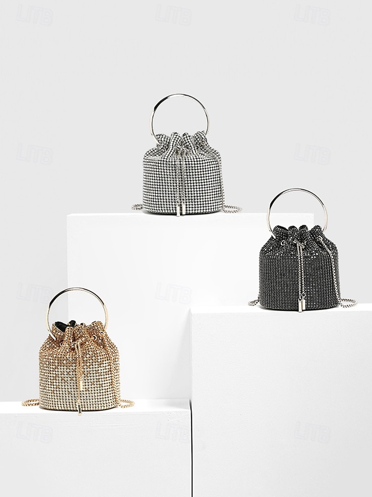 Women's Sparkling Silver Rhinestone Bucket Bag with Metal Ring Handle | Glamorous Accessory for Evening Parties and Special Occasions 2025 - $42.99 –P1