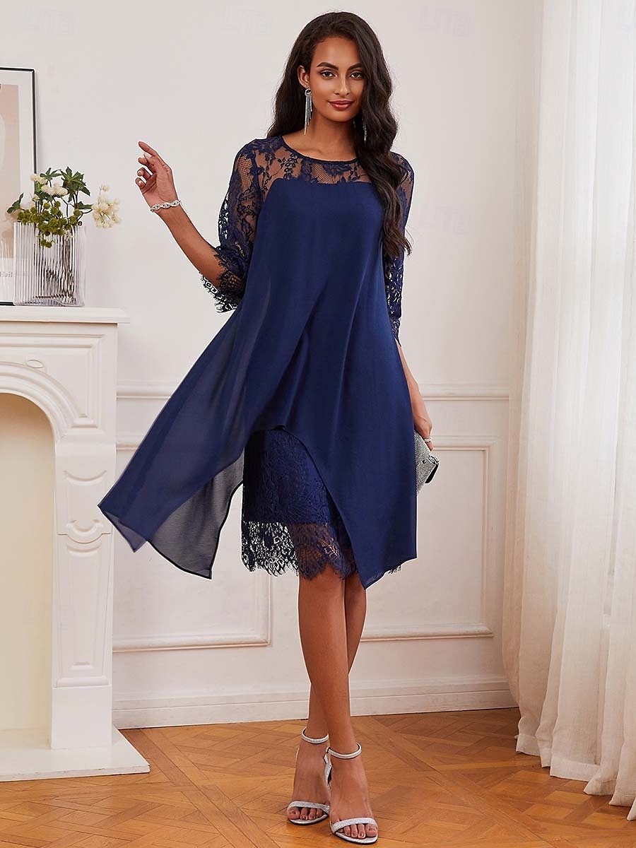 dames bruiloftsgastenjurk effen jurk midi-jurk kant chiffon patchwork casual ronde hals 3/4 mouw cocktailjurken formele jurken blauwe kleur 2025 - $59.99 –P1