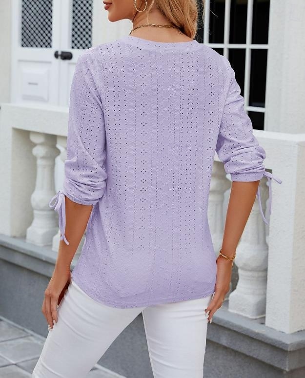 Kvinne Hvit Elegant Blonde Topper Øyelet Bluse Stilig Moderne Ensfarget Knapper Øyelet 3/4 Lengde Ermer V-Utforming Daglig Romantisk Petit Topper Sommerferie Antrekk Hvit Rosa Lilla Grønn Sommer Vår 2025 - $23.99 –P3