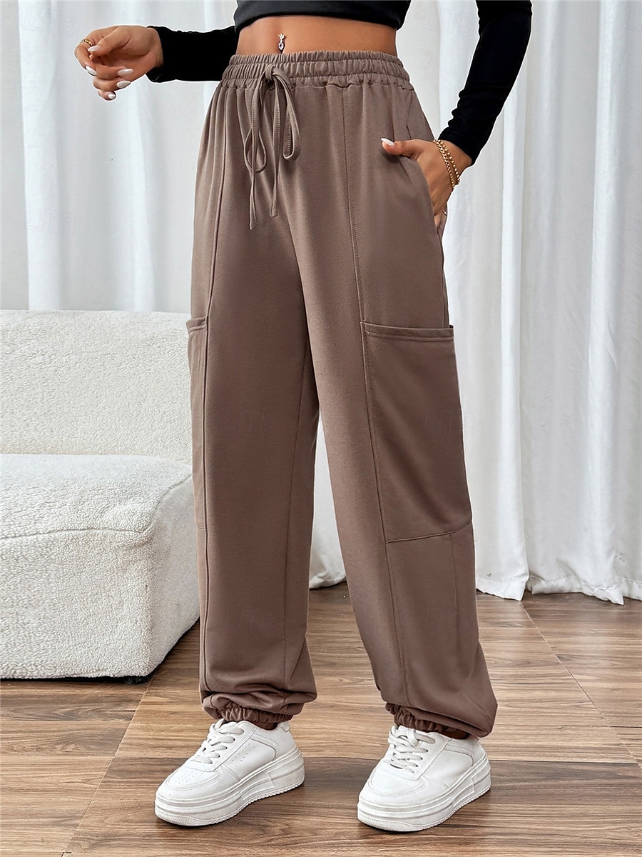 Women's Sweatpants Chinos Fashion Streetwear Full Length High Waist Plain Pocket Elastic Waistband Comfy Soft Comfortable Micro-elastic Outdoor Street Brown Fall Winter Regular Fit 2025 - $26.99 –P2