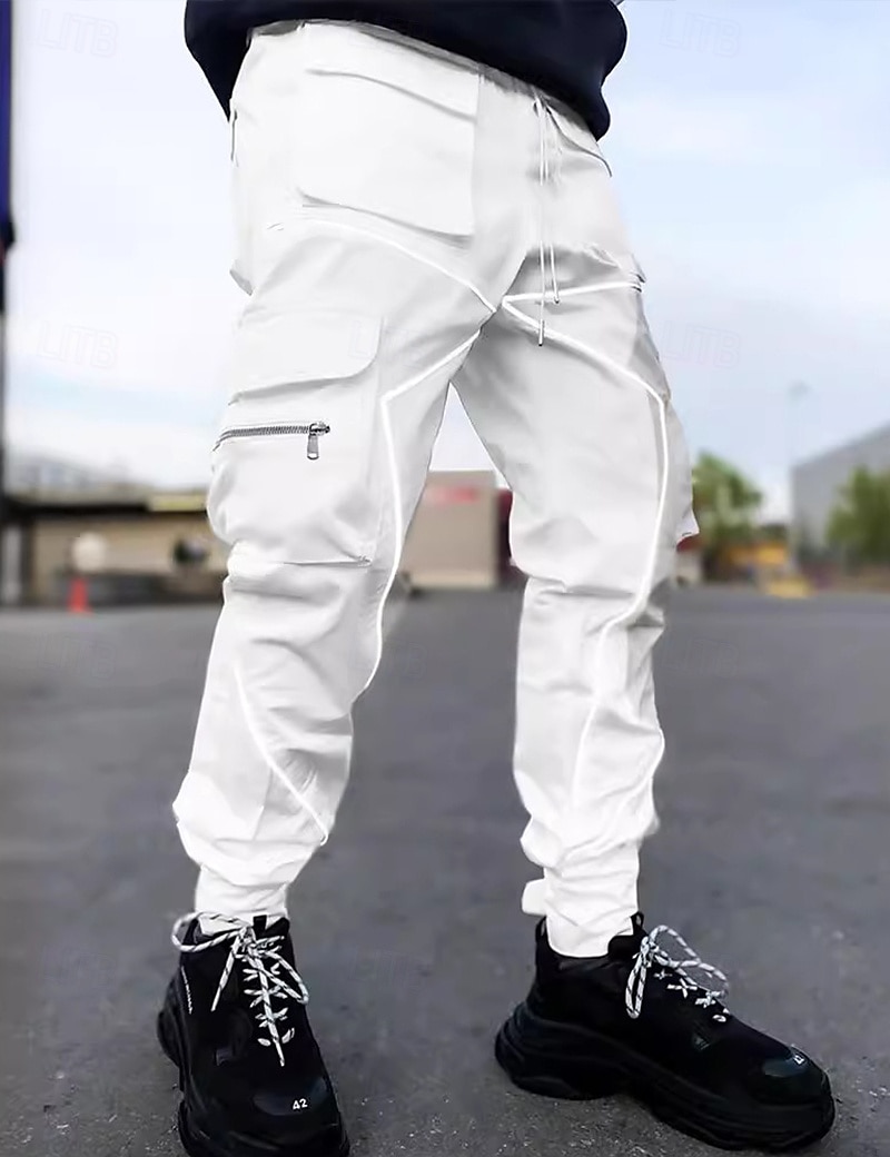 Men's Cargo Pants Trousers Casual Pants Drawstring Multi Pocket Reflective Strip Plain Comfort Soft Full Length Outdoor Daily Going out Fashion Streetwear Black White Micro-elastic 2025 - $28.99 –P4