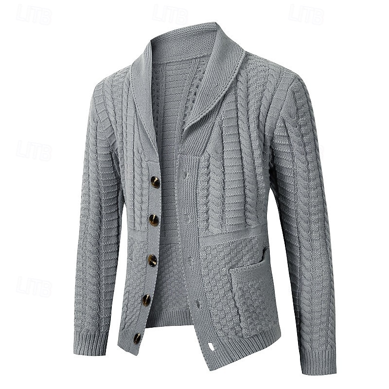 Herren Strickjacke Kurzer Pullover Strickpullover Gerippt Stricken Standard Knopf hoch Tasche Glatt Schalrevers Modisch Klassisch Freizeitskleidung Verabredung Bekleidung Herbst Winter Schwarz 2026 - $46.99 –P2