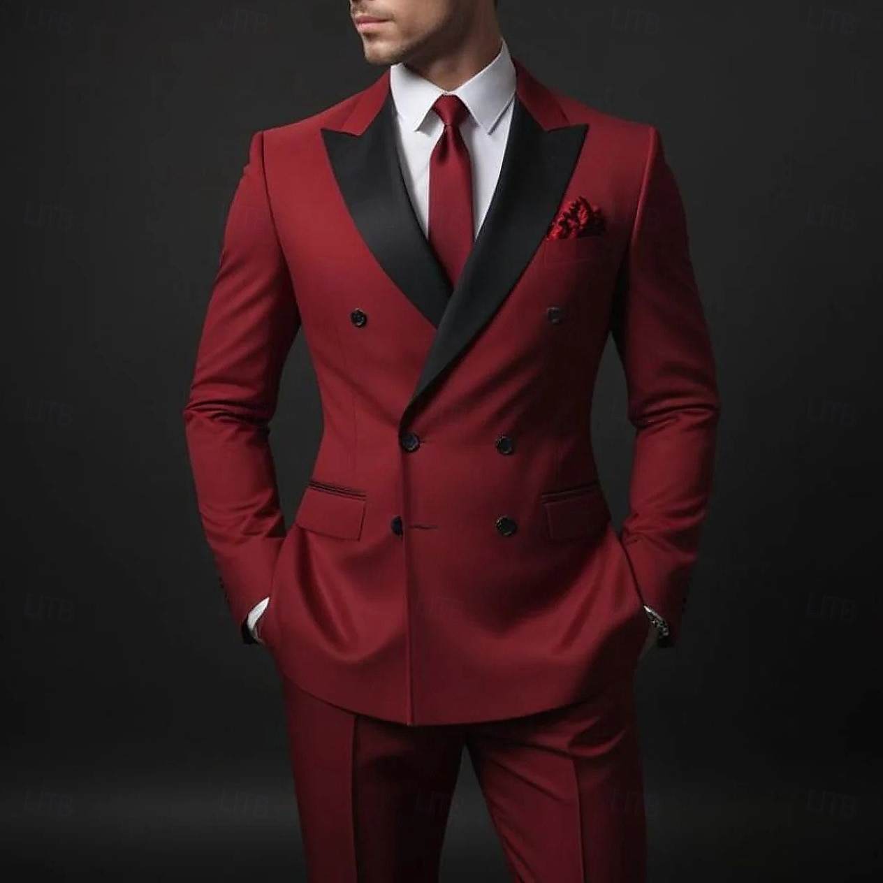 Men's Prom Party Tuxedos Suits Red Luxury Formal Spring, Fall, Winter, Summer Solid Colored Tailored Fit 2 Piece Double Breasted Six-buttons 2026 - $122.99 –P1