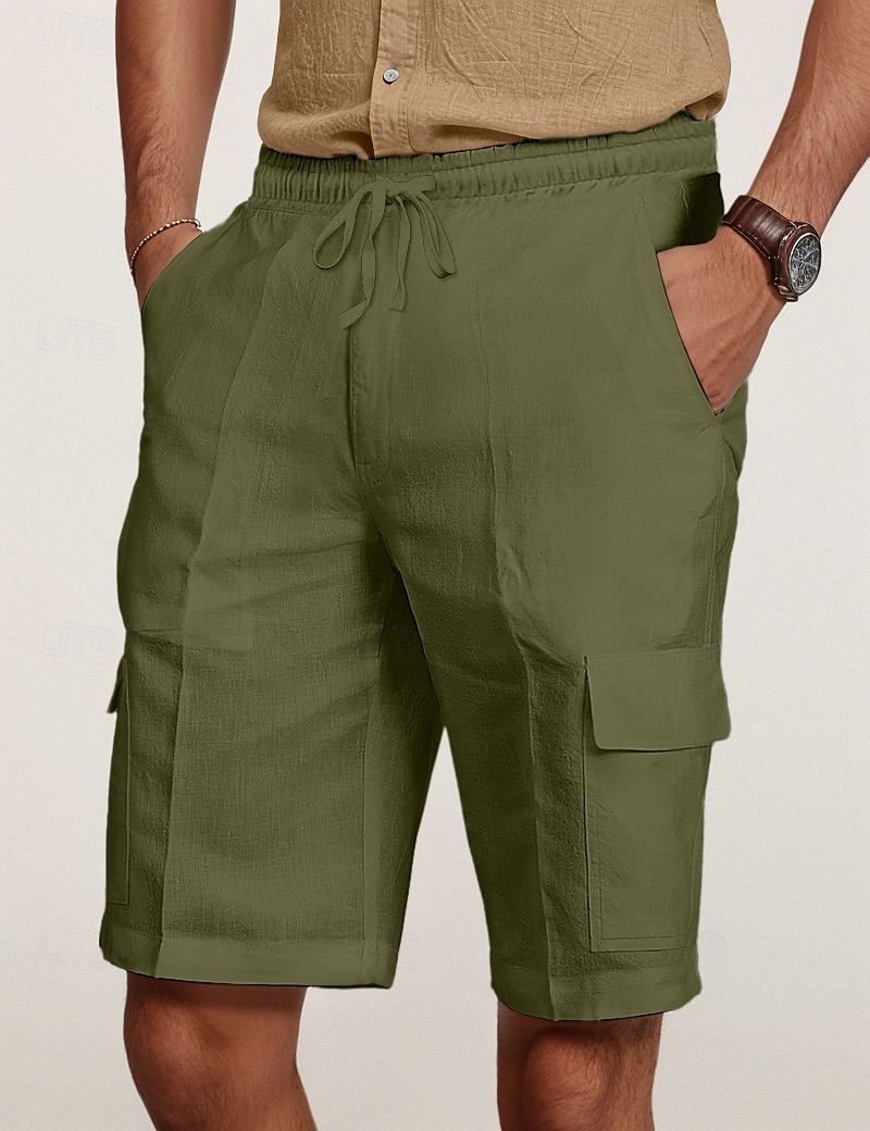 Men's Cargo Shorts Shorts Linen Shorts Summer Shorts Beach Shorts Drawstring Elastic Waist Multi Pocket Plain Knee Length Outdoor Casual Daily Vacation Casual Black White Inelastic 2025 - $22.99 –P9