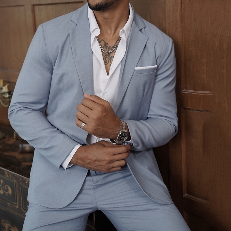 Hombre Graduación Conjunto chaqueta Negocio Fiesta de Cóctel Fiesta de Boda Moda Casual Primavera & Otoño Poliéster Color sólido Botones Bolsillo Cómodo Botonadura Simple Chaqueta de sport Azul cielo 2025 - $83.99 –P1