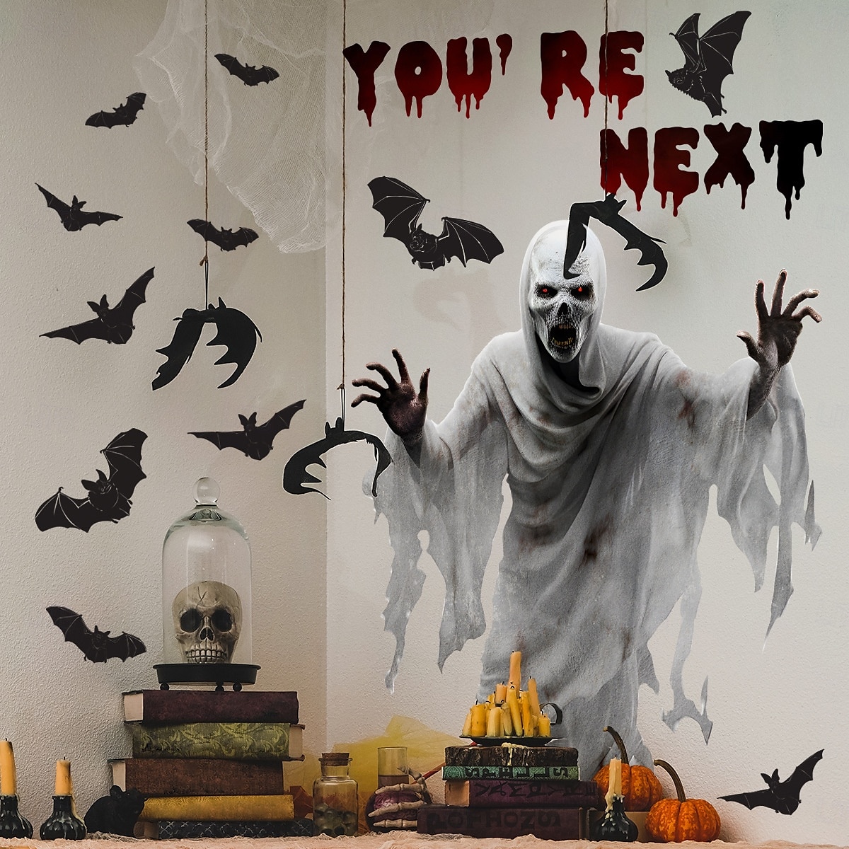 decalques de parede de morcego fantasma branco de esqueleto assustador com texto em inglês decorações de terror autoadesivas de 2025 por $16.99 –P3
