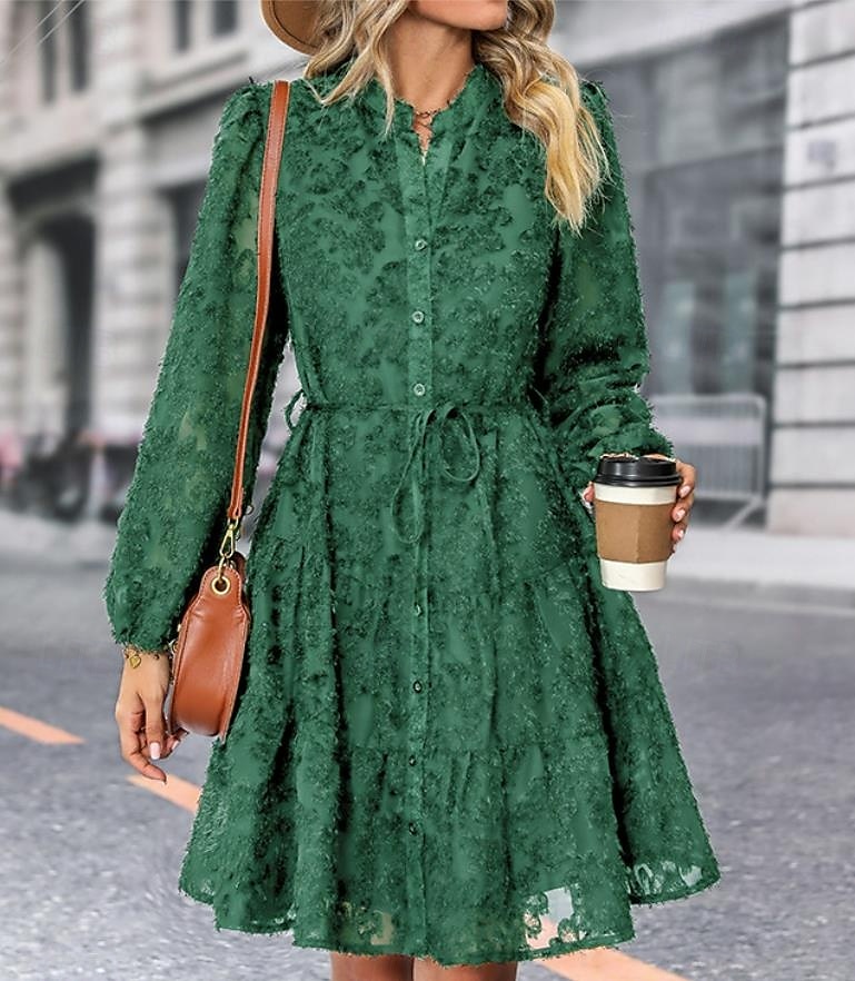Per donna Abito semplice Vestito longuette Pizzo Pulsante Vintage Informale Colletto Manica lunga Nero Bianco Verde Colore del 2025 a $41.99 –P10