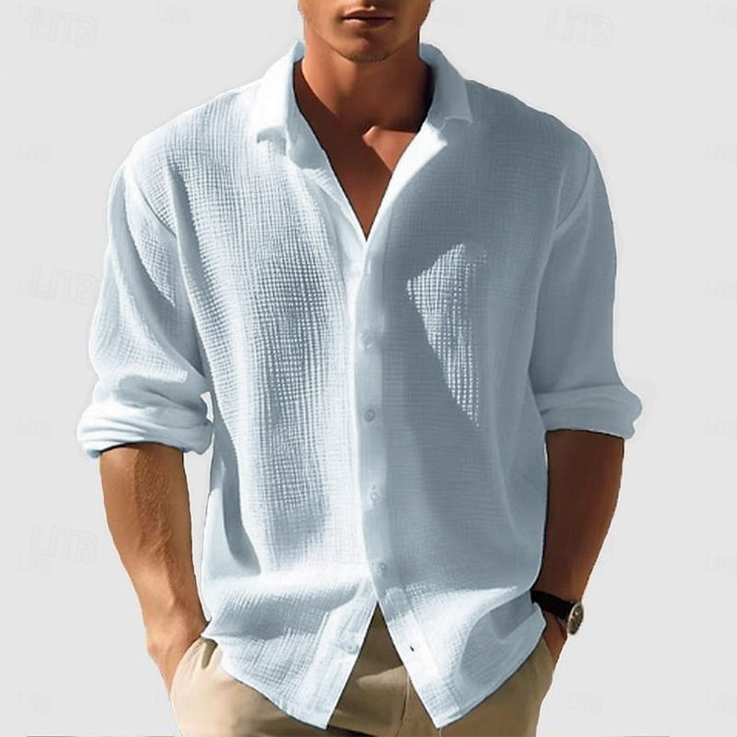 Camisa de punto de gofre para hombre, camisa abotonada, camisa informal, camisa de verano, camisa de playa lisa, blanca, verde claro, rosa, albaricoque, gris, manga corta, ropa de fiesta, ropa de moda, casual 2025 - $23.99 –P13