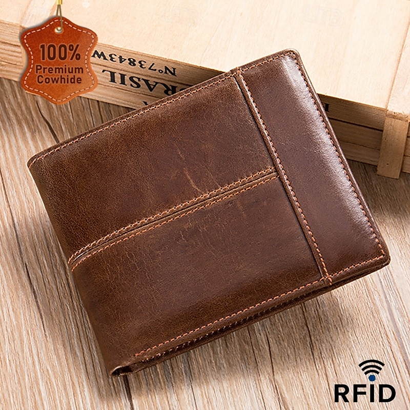 herr vintage brunt rfid-blockerande dubbelsidig plånbok i äkta läder med flera kortplatser - klassisk slimmad design 2025 - $26.99 –P1