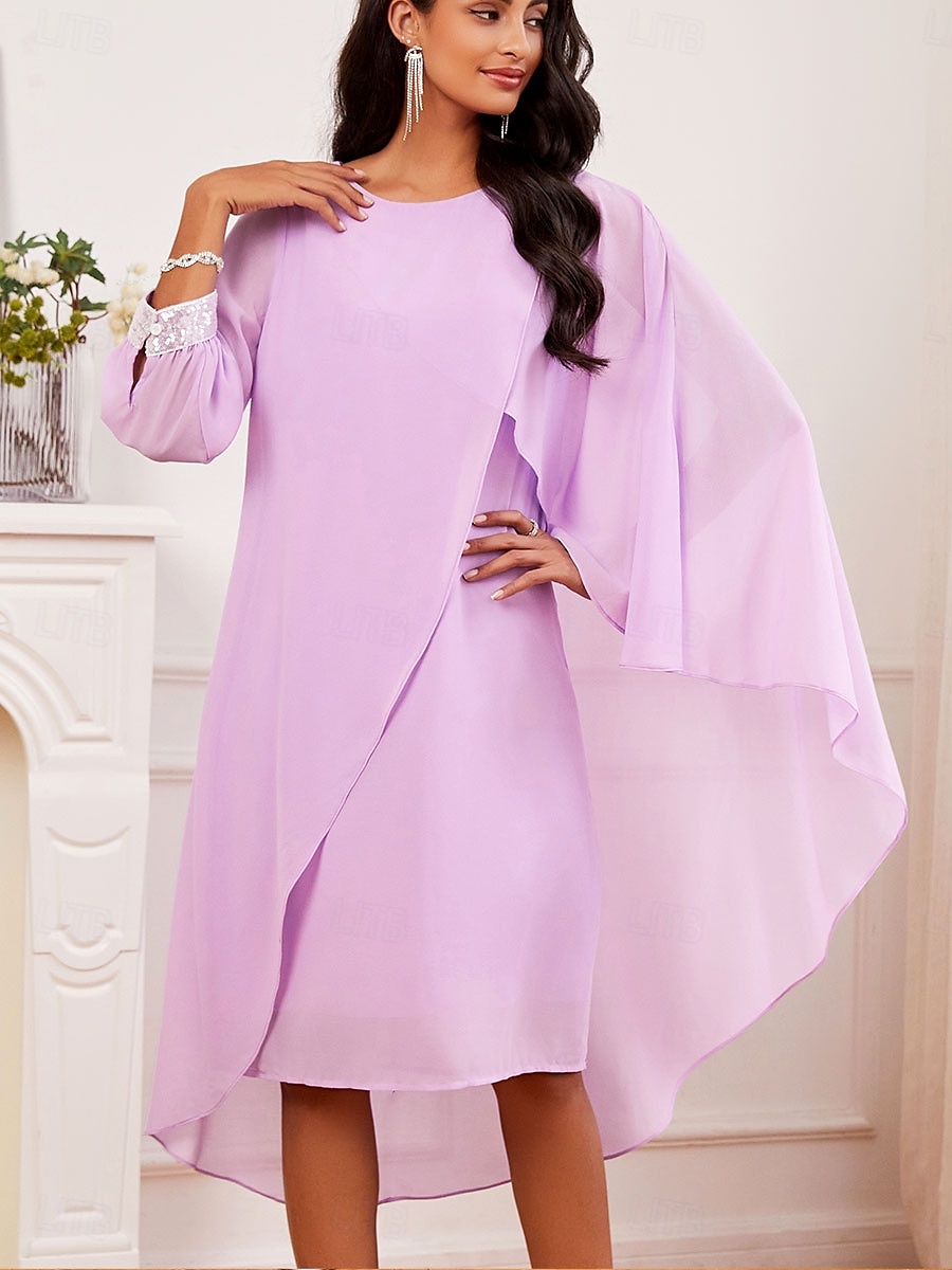 Women's Wedding Guest Cocktail Dress Chiffon Plain Ruffle Flowy Elegant Vintage Summer Midi Dress Crew Neck Flutter Sleeve 2025 - $59.99 –P3