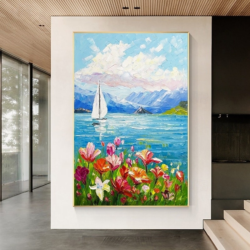 handgemachtes Ozean-Pattle-Messer-Blumen-Ölgemälde handgemachtes Strand-Dekor-Gemälde handgemaltes Urlaubs-Landschafts-Wellen-Berg-Gemälde Meereslandschaft buntes Ölgemälde Wohndekoration 2025 - $131.99 –P6