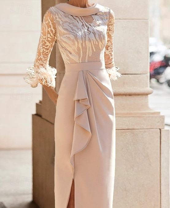 Φόρεμα για τη μητέρα της νύφης,Elegant Simple High Neck Tea Length Stretch Fabric 3/4 Length Sleeve Feather Lace Pleats 2025 free custom size 2025 - $149.99 –P3