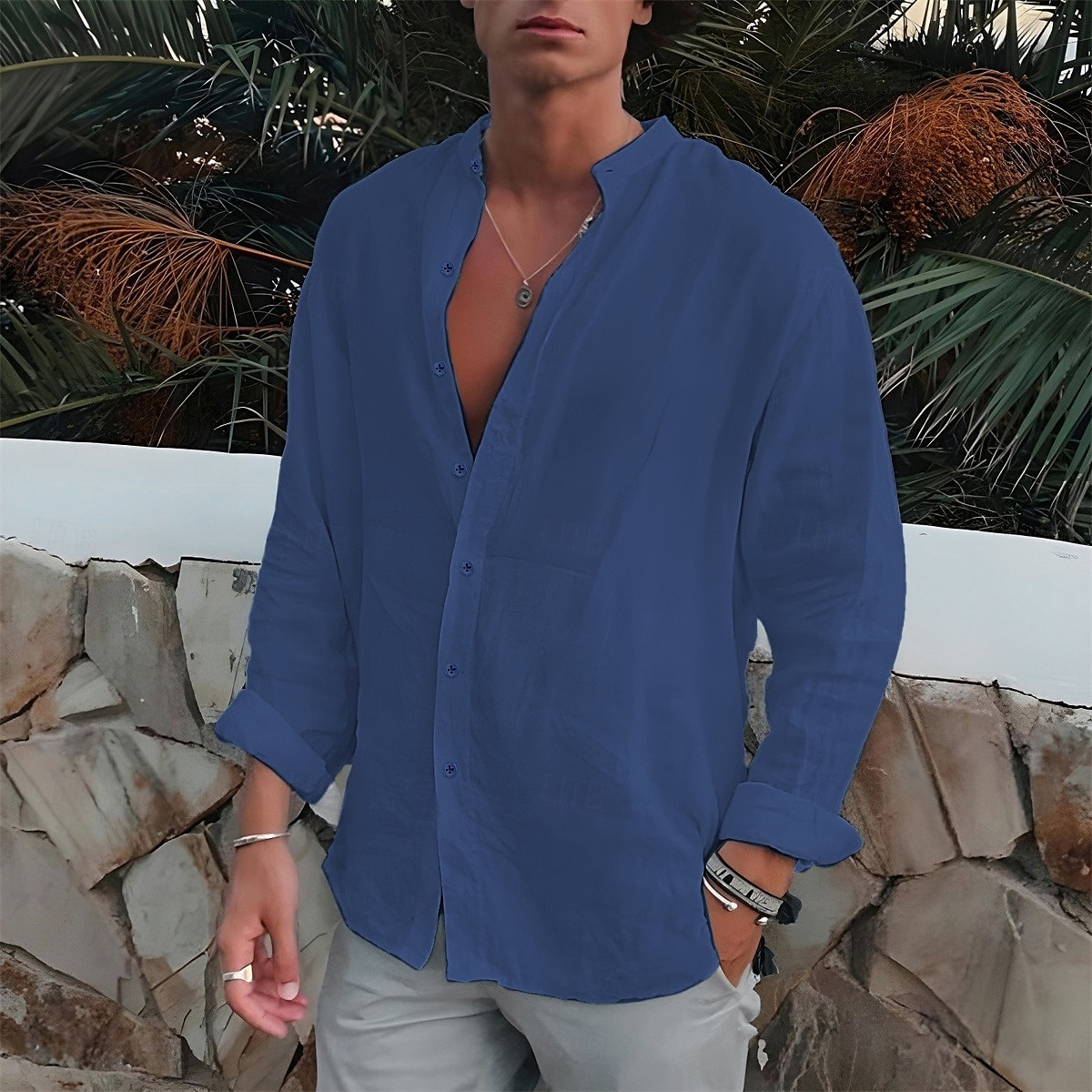 Per uomo Camicia Camicia con colletto a fascia Camicia estiva Abbigliamento mare Camicia con bottoni Liscio Esterno Da mare Nero Bianco Blu Verde Manica lunga Collo ripiegabile Primavera & Autunno del 2025 a $23.99 –P4
