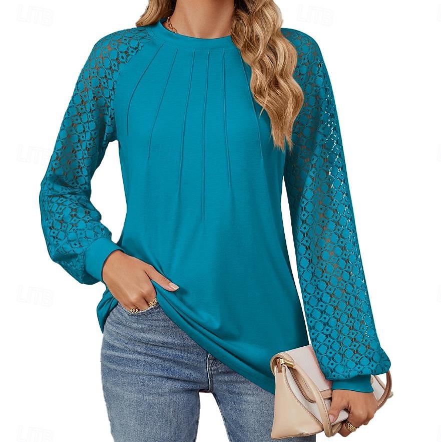 Women's White Elegant Lace Tops Eyelet Blouse Fashion Casual Lace Mesh Long Sleeve Regular Tops Crew Neck Daily Romantic Petite Tops Summer Holiday Wear Black White Pink Blue Summer Spring Fall 2025 - $32.99 –P10