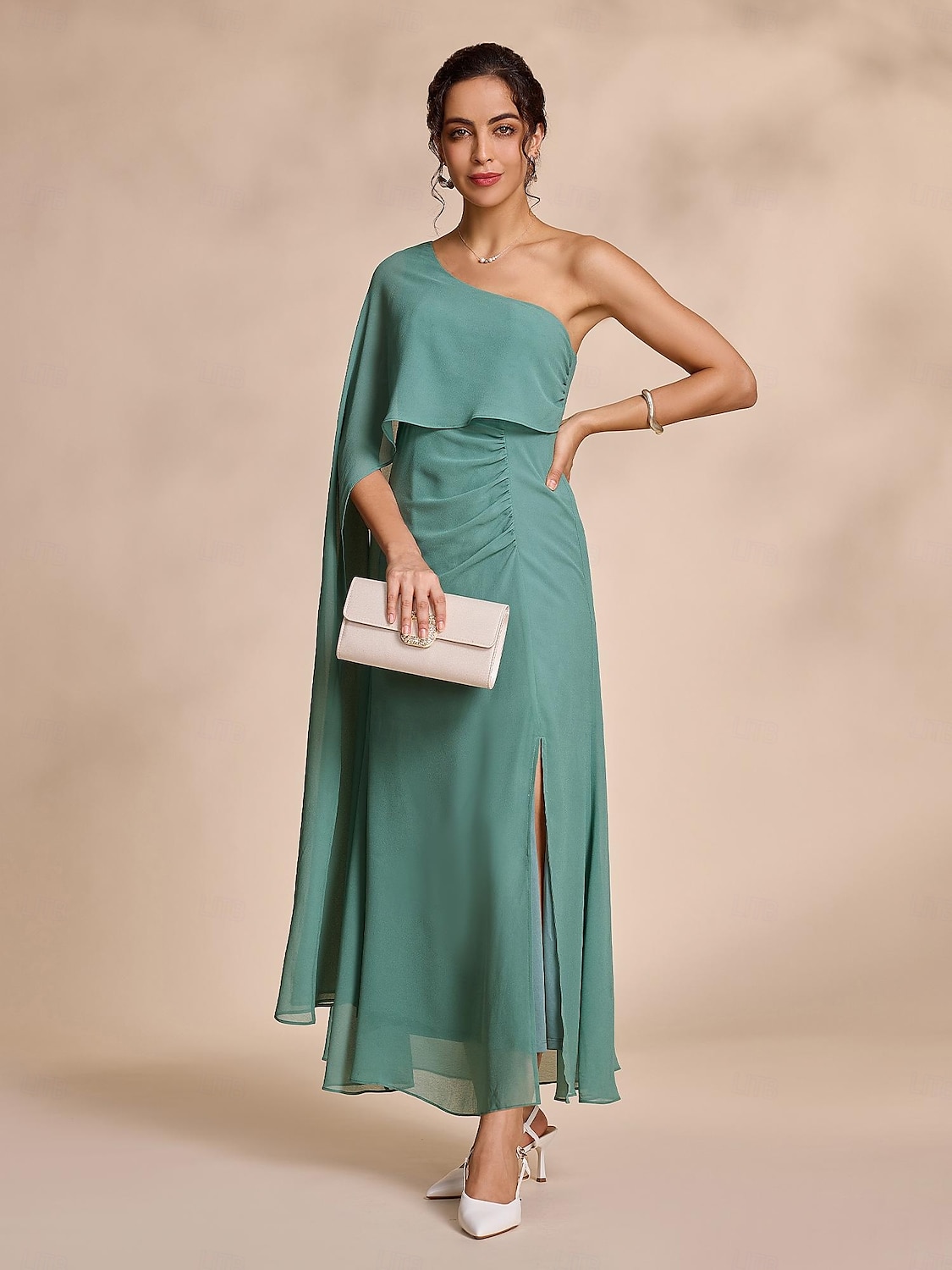 abito lungo con volant e peplo in chiffon verde per feste/invitati a nozze, abito per stupire 2024 del 2025 a $52.99 –P3