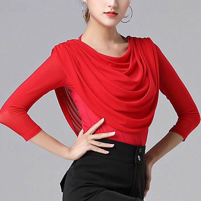 Ballroom Dance Activewear Top Ruffles Pure Color Splicing Women's Performance Training 3/4 Length Sleeve High Nylon 2025 - $30.99 –P4