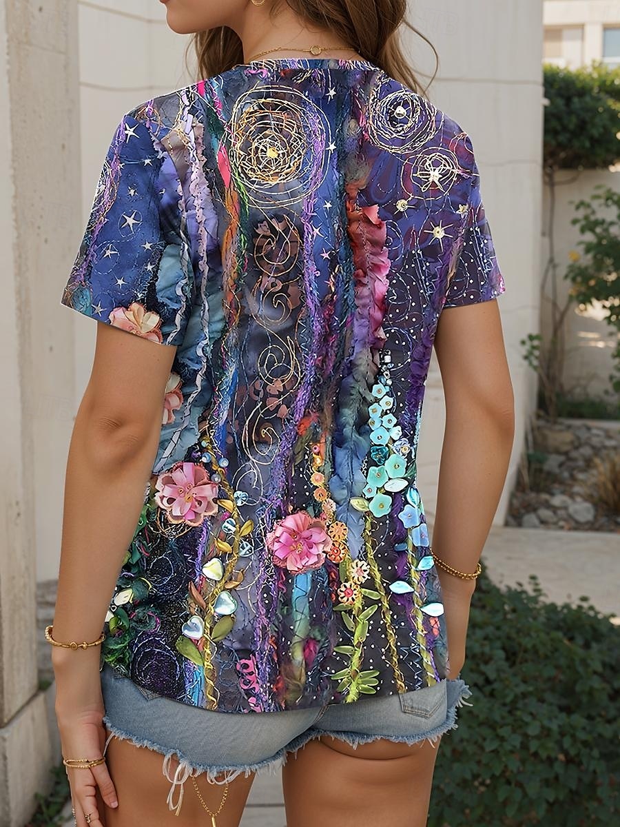 Dames Tuniek T-shirt Mode Casual Print Korte Mouw Regular Tops V-hals Dagelijks Paars Lente Herfst 2025 - $19.99 –P2