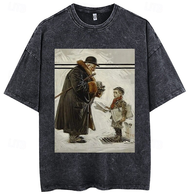 Vintage Illustration T-shirt Oversized Acid Washed Tee Print Graphic For Couple's Men's Women's Adults' Acid Wash Casual Daily 2025 - $22.99 –P1