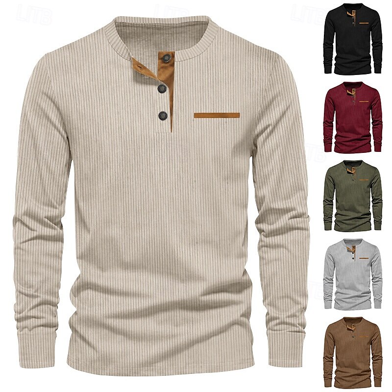 Herren T-Shirt mit Knöpfen T Shirt Cordhemd Henley Hemd Langarm Henley Frühling & Herbst Einfach Mode Designer Basic Urlaub Straße Ausgehen Schwarz Wein Braun Top T-Shirt für Herren 2025 - $23.99 –P1