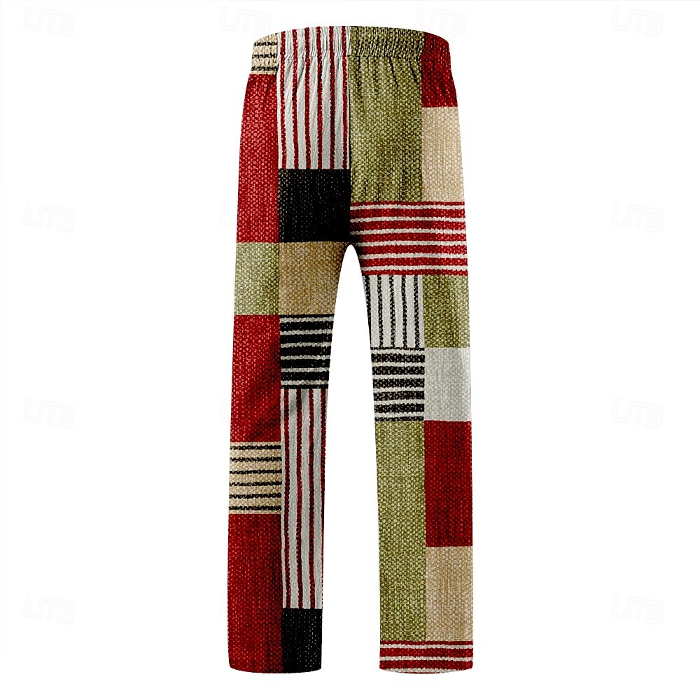 Men's Casual Pants Pocket Drawstring Straight Leg Geometric Color Block Patchwork Vacation Casual Pink Red Inelastic 2025 - $25.99 –P2