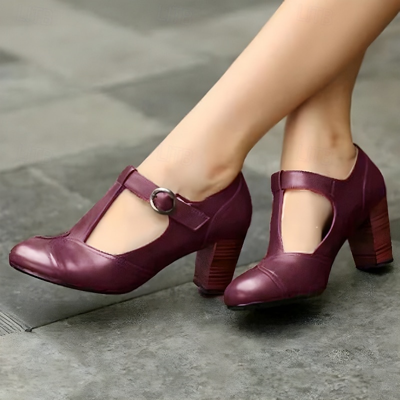 Dame Høye hæler Høyhælte Pen sko Mary Jane Store størrelser Avslappet Daglig Helfarge Ensfarget Spenne Tykk hæl Årgang Retro Rød Fritid Gange PU Lær PU T-stropp Svart Gul Rød 2026 - $42.99 –P3