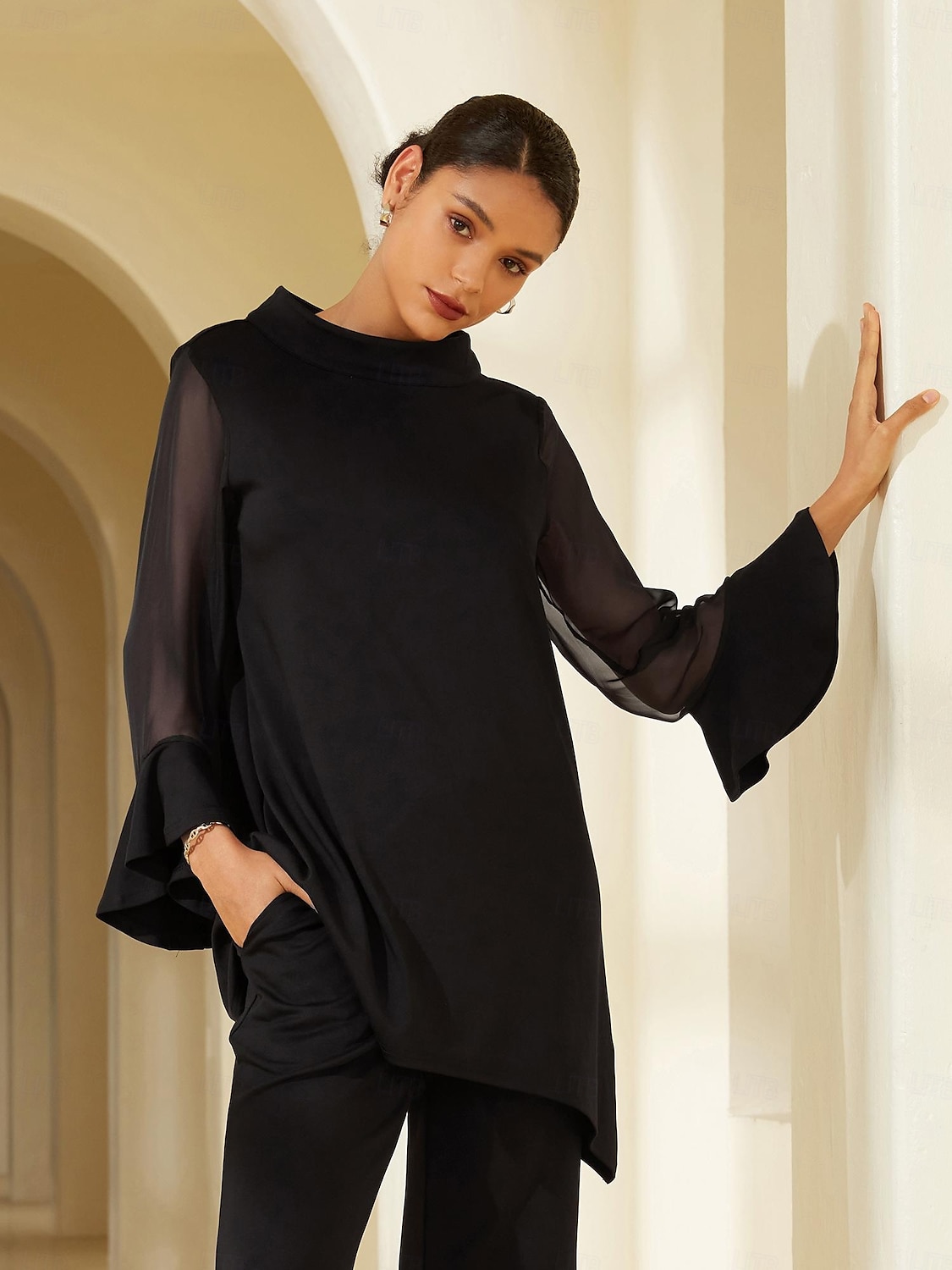 Damenbluse für Hochzeitsgäste, Partys, schwarz, hoher Halsausschnitt, Chiffon, Modal, Patchwork, ausgestellte Manschetten, schmale Passform, elastisch, elegant, lässig, Bürokleidung 2025 - $52.99 –P4
