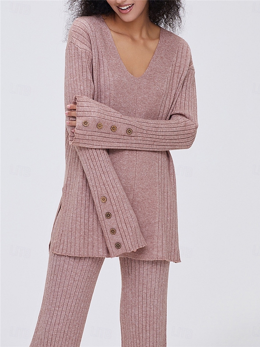 pyjamasset för kvinnor ren färg mode grundläggande komfort hem daglig säng stickad andas v wire långärmad tröja byxknapp resår midja höst vinter hem outfits 2025 - $52.99 –P10
