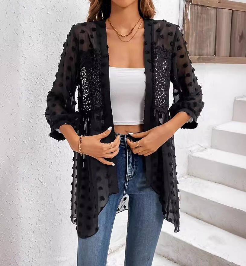 Women's Shirt Elegant Ladies Solid Color Eyelet Asymmetric Hem Long Sleeve V Neck Daily Black White Spring Fall Winter 2025 - $38.99 –P6
