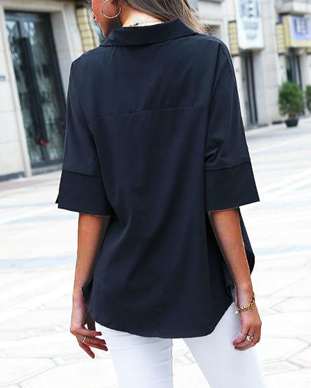 Damen Bluse stylisch modern Halbarm Hemdkragen Arbeit schwarz weiß blau Frühling Herbst 2025 - $39.99 –P3