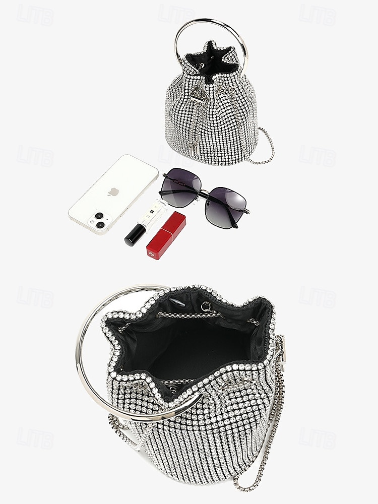 Women's Sparkling Silver Rhinestone Bucket Bag with Metal Ring Handle | Glamorous Accessory for Evening Parties and Special Occasions 2025 - $42.99 –P5