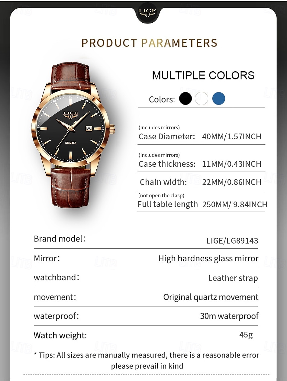 LIGE Heren Quartz Horloge Zakelijke Datum Waterdichte Leren Strap Horloge 2025 - $20.99 –P12