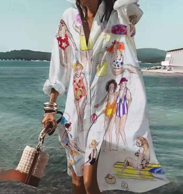 Women's Midi Dress Shirt Dress Animal Print Button Pocket Shirt Collar Casual Daily Beach Long Sleeve Summer Spring 2025 - $51.99 –P5