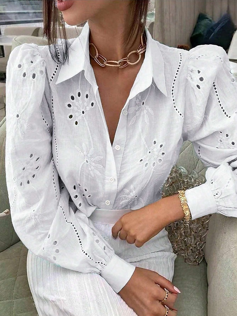 Top Elegante in Pizzo Bianco da Donna con Occhielli Blusa Casual Monocromatica in Pizzo Maniche Lanternina Maniche Lunghe Top Classici Collo Camicia Quotidiano Romantica Petite Estate Vacanze Bianco del 2025 a $39.99 –P5