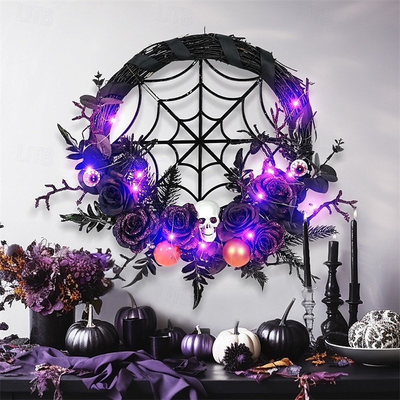 halloween koszorú műkoponyával és karácsonyi díszekkel - kísérteties lila virágos szőlőajtó függő kísértetjárta házhoz és félelmetes parti dekorációhoz 2025 - $76.99 –P6