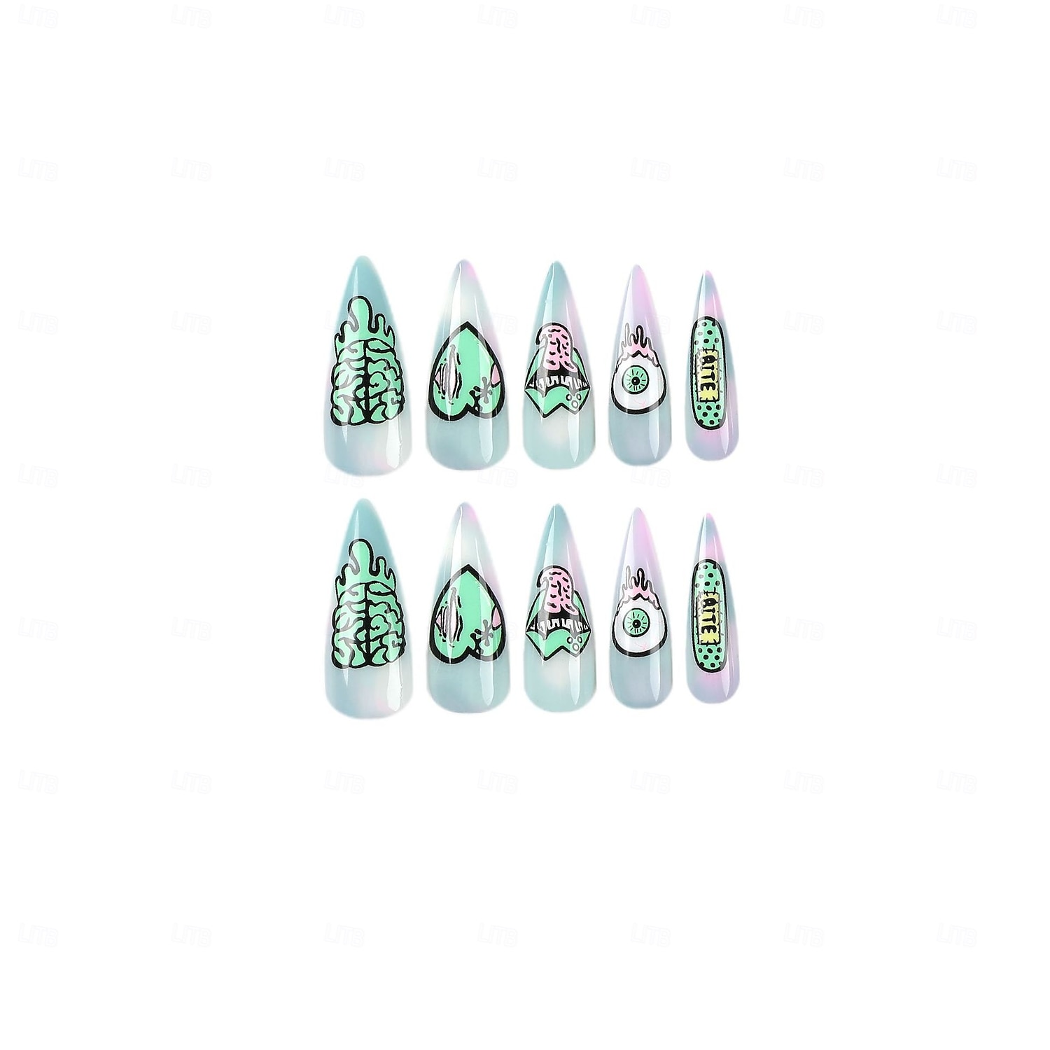 24pcs/set Long Starry Sky Gradient Green Heart, Eye, Mouth  Halloween  False Nail Tip Press on 2025 - $13.49 –P5