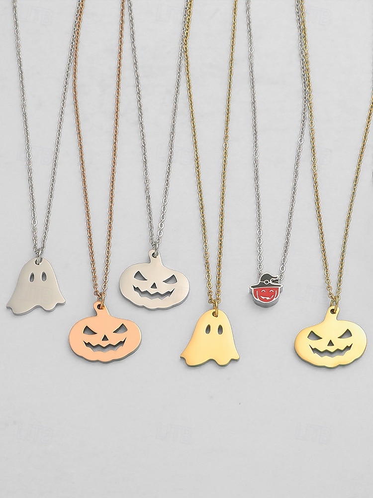 2025年 ハロウィンをテーマにした女性用ステンレススチールペンダントネックレス。カボチャとゴーストのチャームが特徴で、コスチュームパーティーやお祝いの行事に最適です。  コレクション – $9.99 –P3