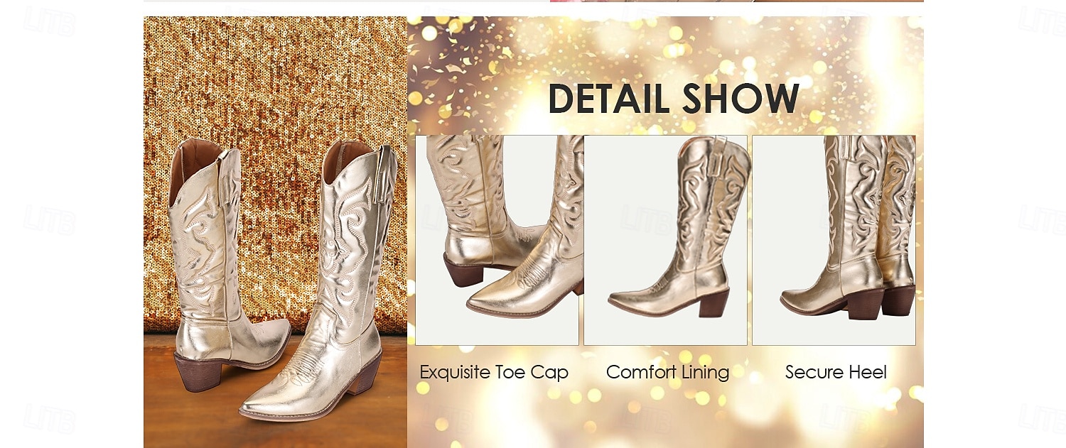 Damen Western-Cowboystiefel in Metallic-Gold mit gestickten Details für Mode und Freizeit 2025 - $69.99 –P3