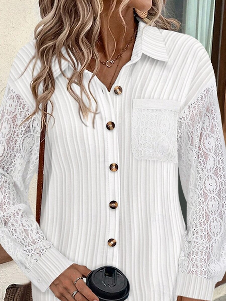 Per donna Abito semplice Mini abito Pizzo Collage Informale Colletto Manica lunga Bianco Colore del 2025 a $41.99 –P3
