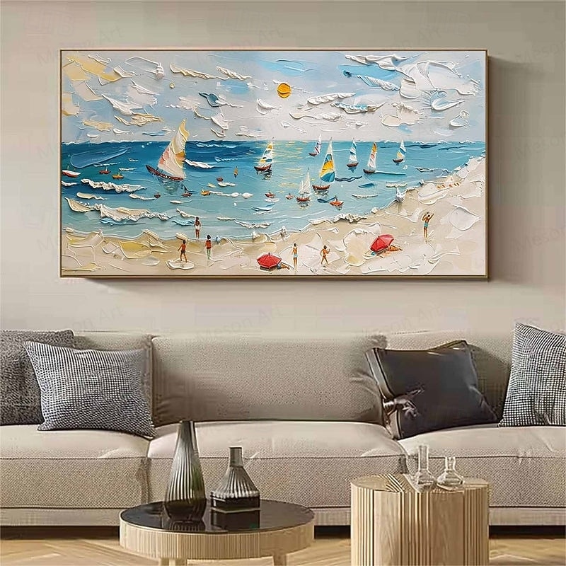 3d våg strand oljemålning handgjorda abstrakta kust oljemålningar på duk handgjord solig strand målning i blå och beige färger målning för hem och kontor väggdekor målning 2025 - $154.99 –P3