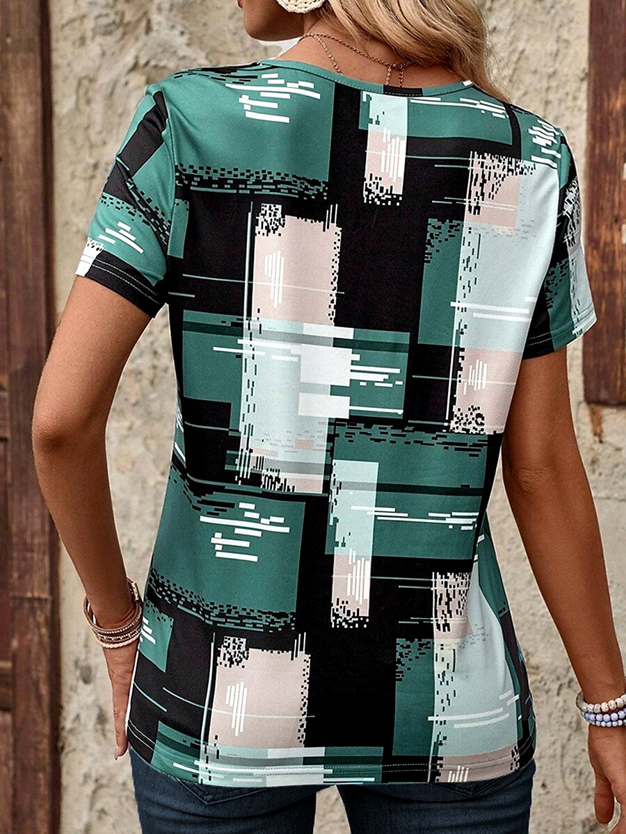 Damen T-Shirt stilvoll lässig geometrischer Patchwork-Druck Kurzarm normale Oberteile V-Ausschnitt täglich grün Sommer 2025 - $19.99 –P2