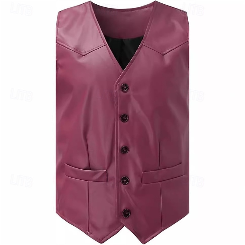 Men's Vest Gilet Leather Vest Daily Date Vacation Fashion Casual Spring & Fall Button Pocket Polyester Comfortable Plain Single Breasted One-button V Neck Regular Fit Black Burgundy Camel Vest 2025 - $45.99 –P1