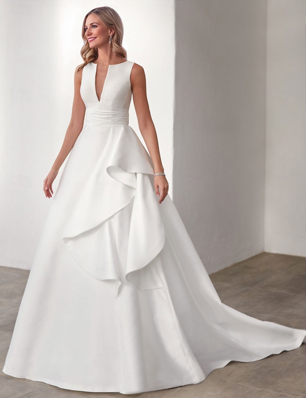 Wedding Dresses A-Line V Neck Sleeveless Floor Length Satin Bridal Gowns With Appliques Solid Color 2025 - $229.99 –P1