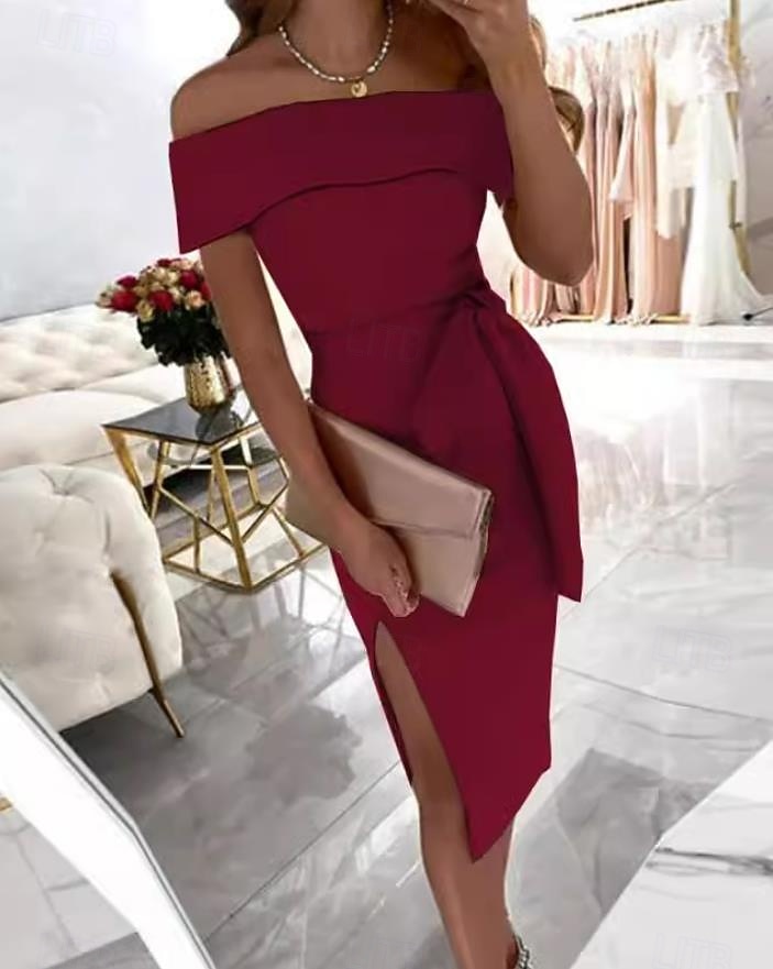 Femmes Robe Midi Robe noire Robe de remise des diplômes Robe unie Occasionnel Rue Date Coupe régulière Uni Manche Courte Épaules Dénudées Noir Rose Claire Rouge Été Printemps de 2025 ? $41.99 –P4